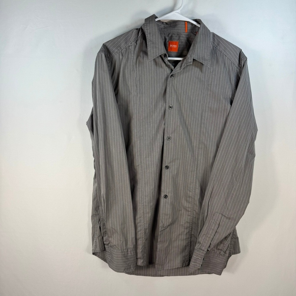 Hugo Boss Orange Label Mens Grey Black Striped Long Sleeve Button Down Shirt